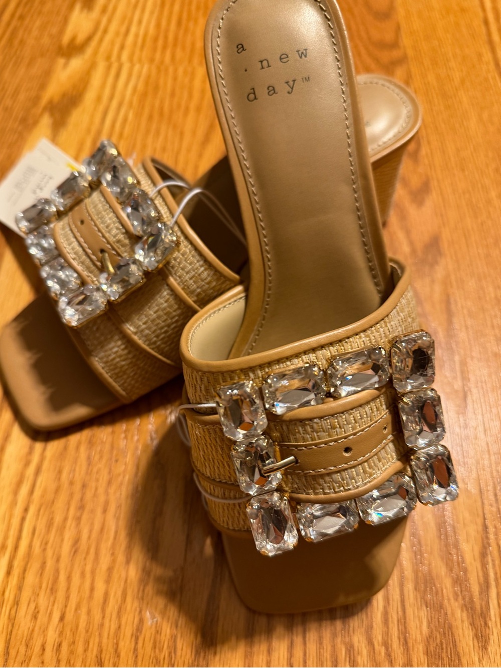 Tan Rhinestone Buckle Block Heel - Picture 3 of 5